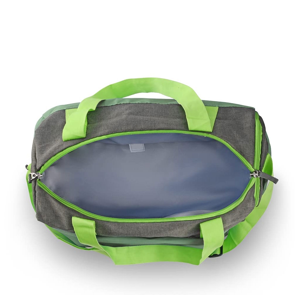 Top View of Green & Grey Duffle Bag – Full-Length Zipper Closure